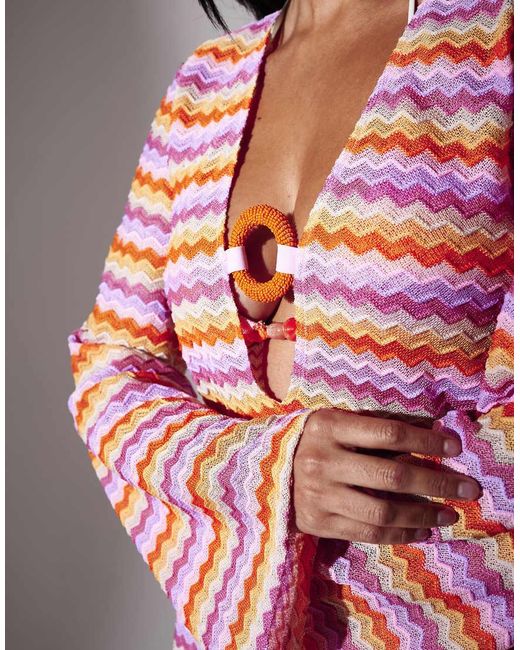 South Beach Red Chevron Crochet Mini Kaftan With Beaded Trim