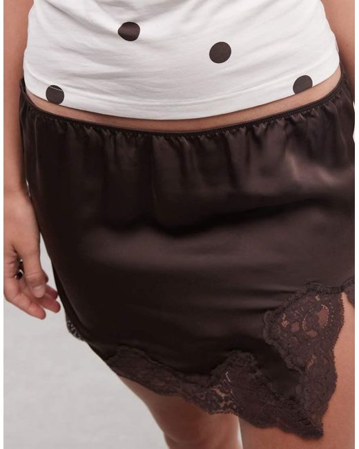Monki Brown Lace Trim Satin Mini Skirt