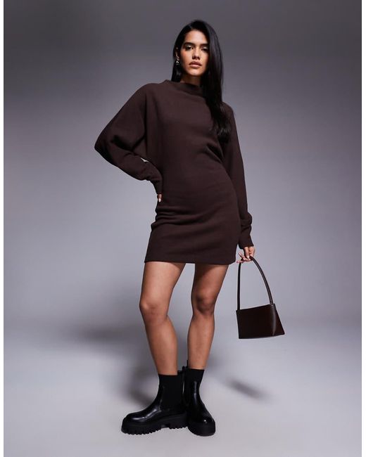 ASOS Brown Supersoft Funnel Neck Batwing With Ruched Side Mini Dress