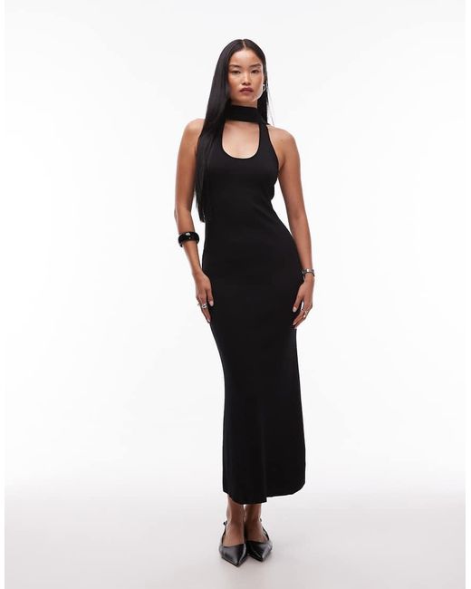 SNDY'S Black Premium Ribbed Knit Scoop Neck Scarf Detail Fishtail Maxi Dress