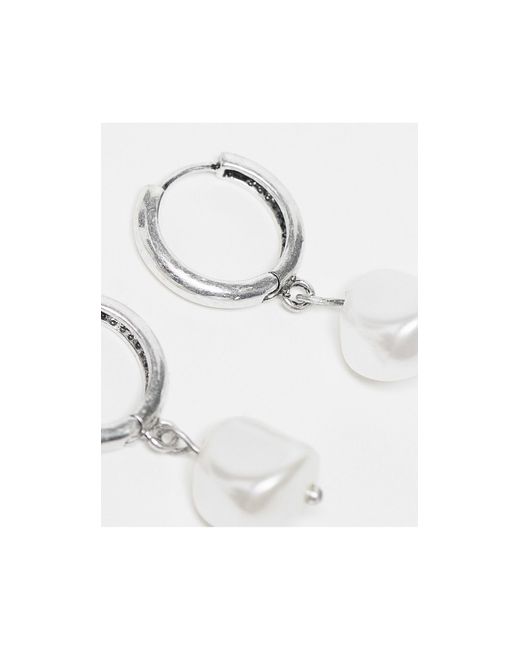Reclaimed (vintage) White Unisex huggie Hoops With Pearls