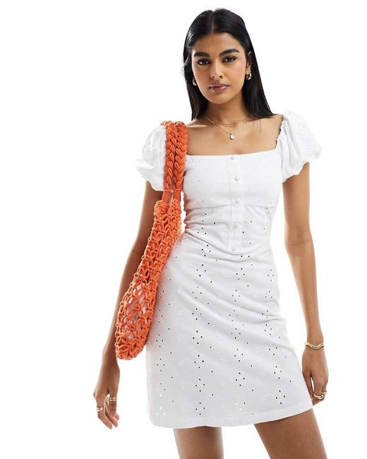 ASOS White Broderie Button Corset Mini Dress With Puff Cap Sleeve