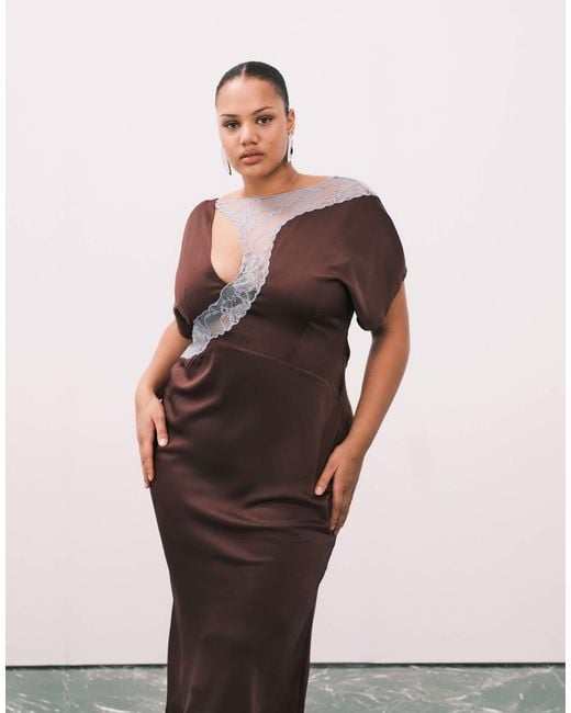 ASOS Asos Design Curve Lace Applique Grown On Sleeve Bias Cut Satin Midi Dress in Purple