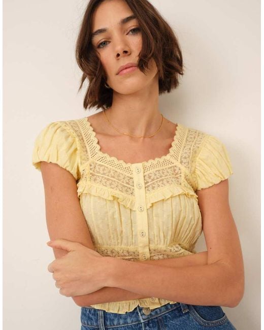 Nobody's Child Natural Lace Detail Short Sleeve Button Down Top