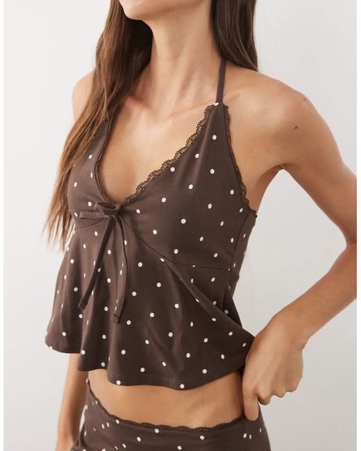 Miss Selfridge Brown Rib Halterneck Top With Lace Trim