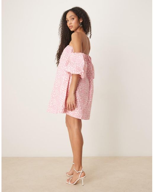 Y.A.S Pink Textured Rose Jaquard Off Shoulder Mini Dress