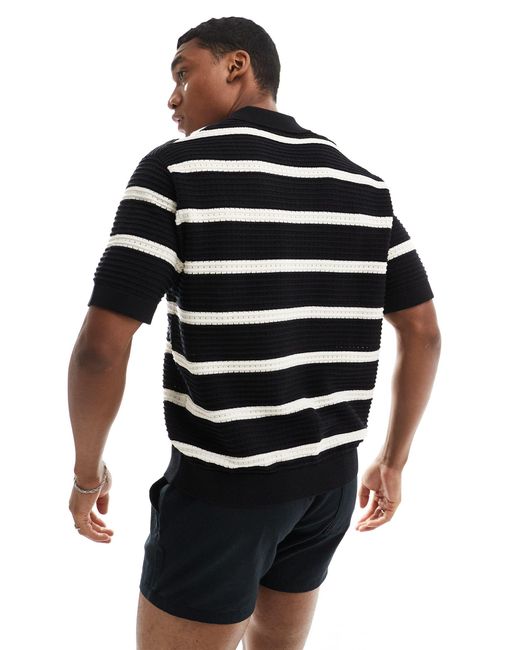 Bershka Black Textured Stripe Polo Shirt for men