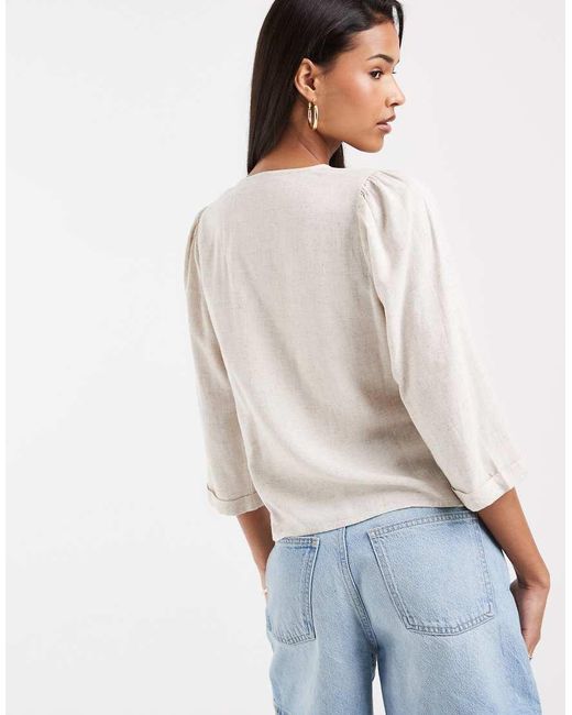 Pieces White 3/4 Sleeve Linen Blend Wrap Top