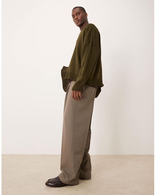 ASOS Brown Smart Wide Leg Trousers With Front Inverted Pleats And Elasticated Waistband for men