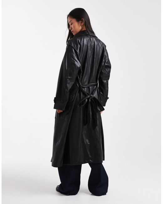 ASOS Blue Longline Leather Look Trench With Contrast Pockets