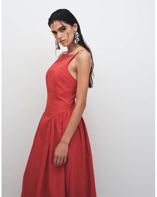 ARRANGE Red High Neck Drop Waist Maxi Dress With Bubble Hem