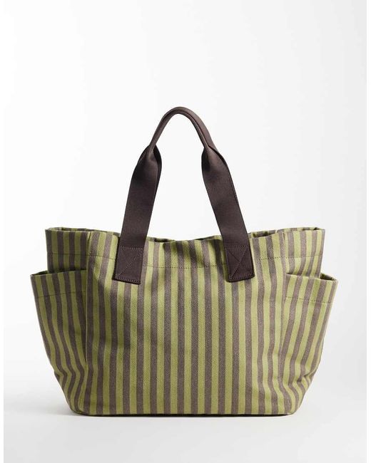 ASOS Green Striped Canvas Multi Pocket Tote Bag
