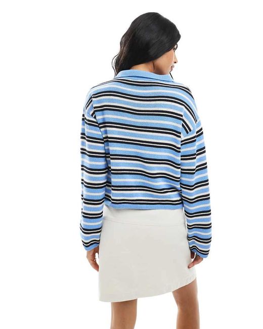 ASOS Compact Gebreide, Gestreepte Polotop Met Lange Mouwen in het Blue