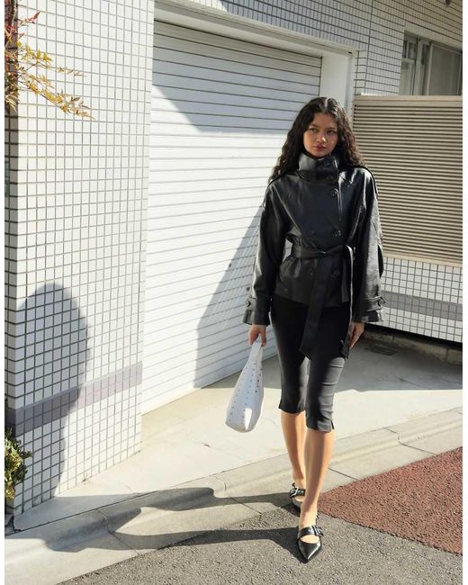 Bershka Black Short Leather Effect Trench Coat