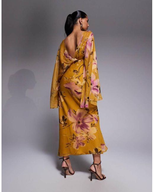 ASOS Orange Kimono Sleeve Cape Detail Draped Midaxi Dress With Open Back