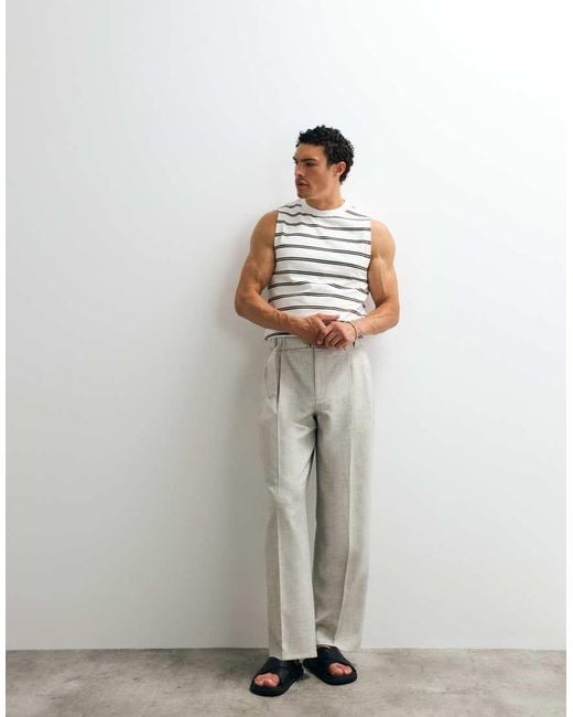 Topman White Wide Leg Belted Textured Pants for men