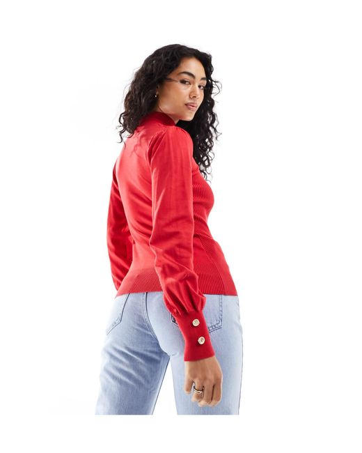 River Island Red Roll Neck Ribbed Top With Button Sleeve Detail