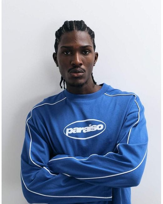ASOS Blue Boxy Oversized Long Sleeve T-Shirt With Paraiso Graphic for men