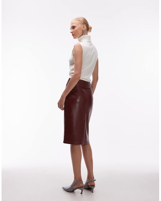 ASOS Red Faux Leather Waistband Pocket Detail Midi Skirt