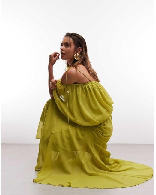 ASOS Green Blouson Bodice Maxi Dress With Split Sleeves And Volume Godet Skirt