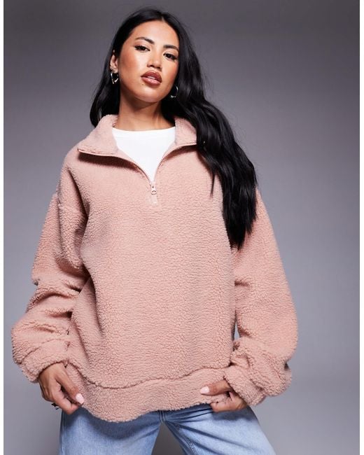 ASOS Pink Weekend Collective Borg Zip Through Fleece With Burnout Graphic