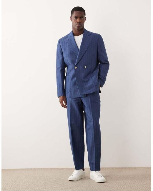 ASOS Blue Linen Blend Regular Double Breasted Suit Jacket for men
