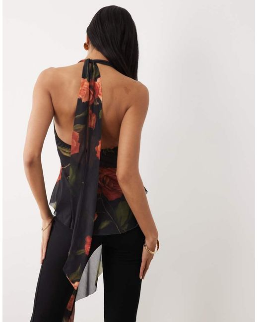 ASOS Natural Printed Stretch Chiffon Ruffle Top