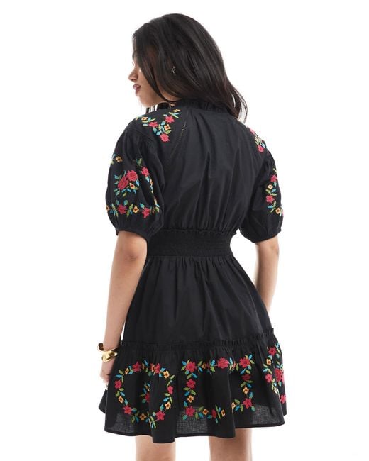 Miss Selfridge Western Embroidered Detail Waisted Mini Dress in Black | Lyst