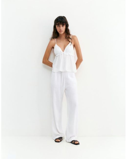 Pull&Bear White Linen Blend Ruffled Top