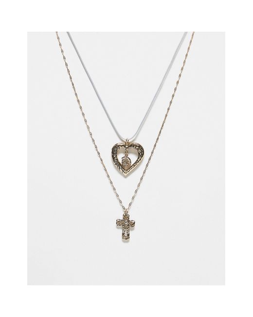 Reclaimed (vintage) White Unisex 2 Row With Cross And Heart