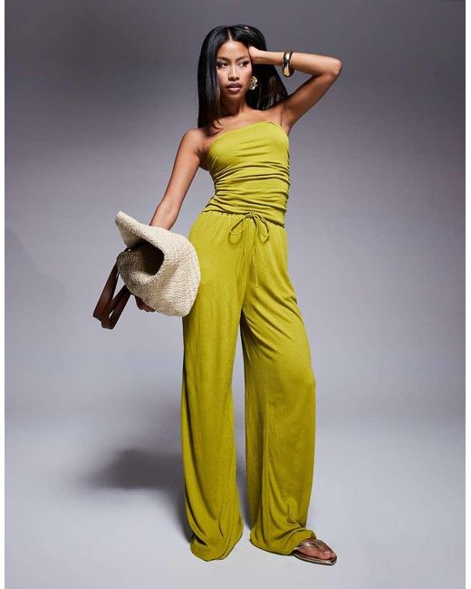 ASOS Broek Van Kreukelstof Met Wijde Pijpen En Gestrikte Taille in het Green