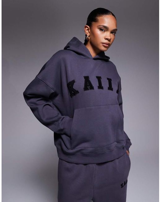 Kaiia Blue Cotton Blend Logo Oversized Hoodie