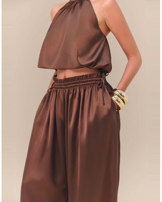 Wanderdoll Brown Wander Doll X Emma Milton Summa Satin High-neck Halterneck Bubble-hem Top