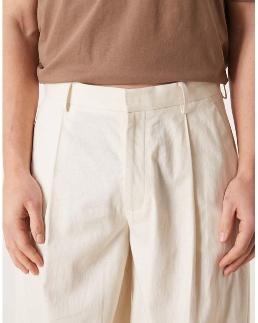 ASOS Natural Smart Pleated Linen Blend Barrel Trousers for men