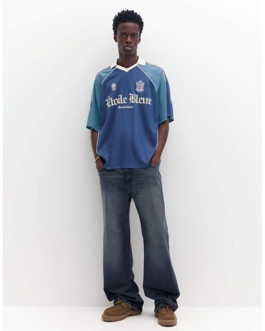 Pull&Bear Blue Stwd Graphic Football Polo for men
