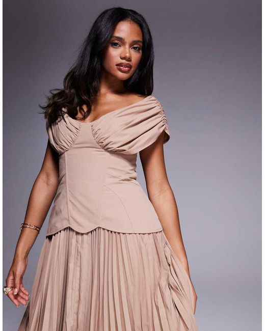 ASOS Multicolor Off Shoulder Pleated With Moulded Hips Midi Dress