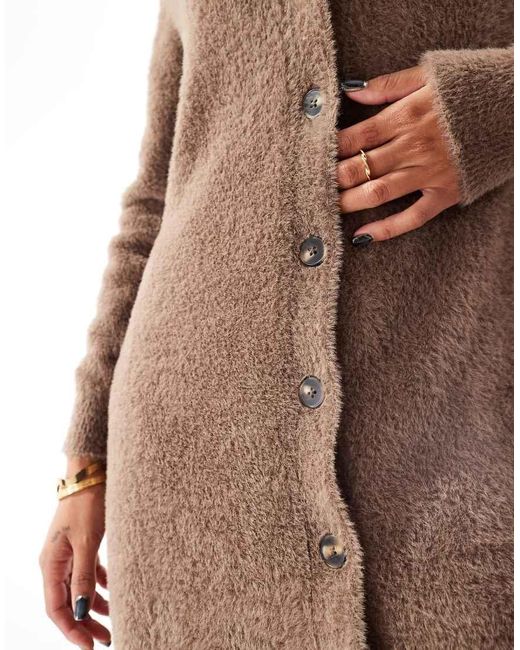 Aria Cove Brown Fluffy Collar Detail Knitted Maxi Cardigan Dress