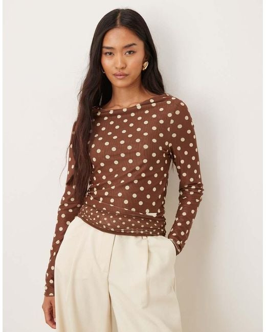 House Of Sunny Brown Double Layer Polka Dot Mesh Long Sleeve Top