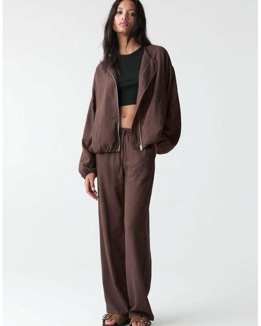 Pull&Bear Brown Linen Blend Bomber Jacket