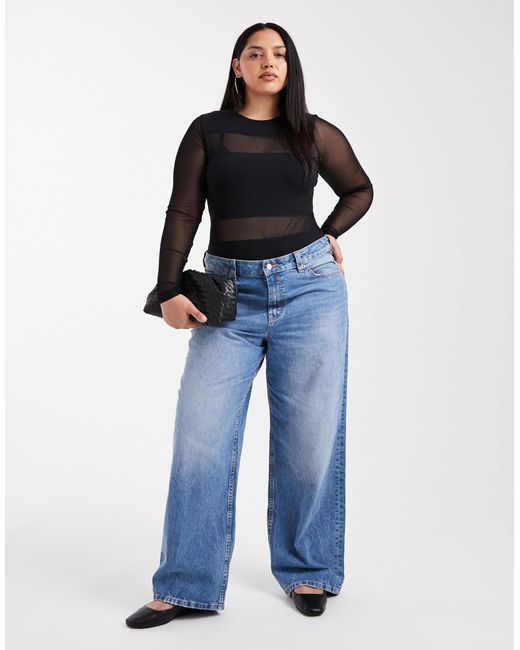 ASOS Black Asos Design Curve Mesh Mix Mesh Panel Long Sleeve Bodysuit