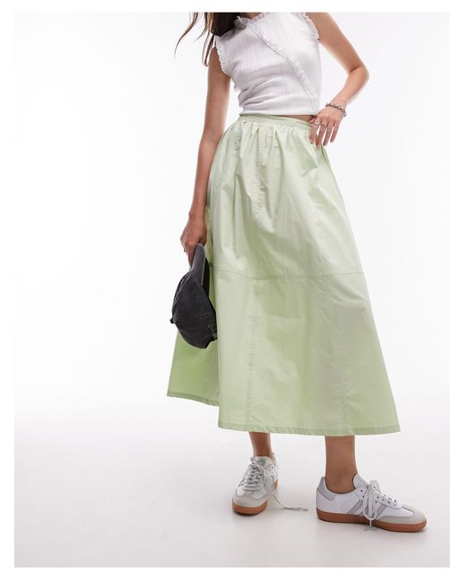 TOPSHOP Green Poplin Midi Full Skirt