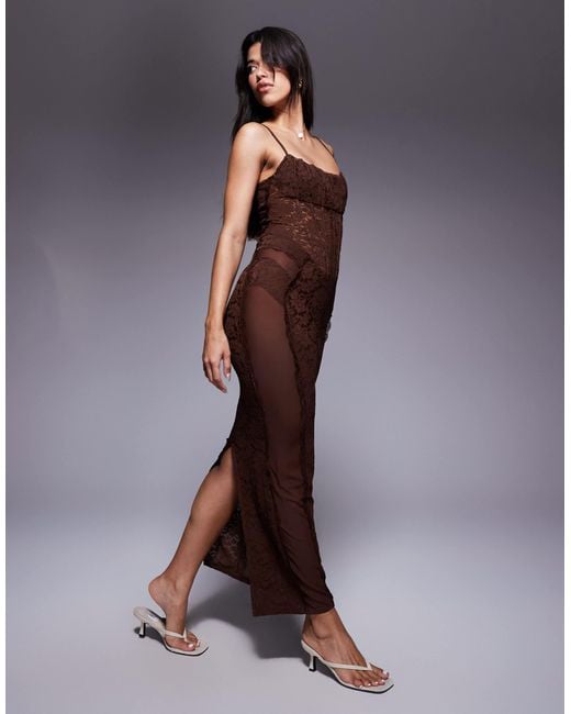 Murci Purple – exklusives maxi-trägerkleid aus transparenter spitze