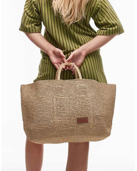 & Other Stories Green Large Woven Straw Tote Bag With Real Leather Strap