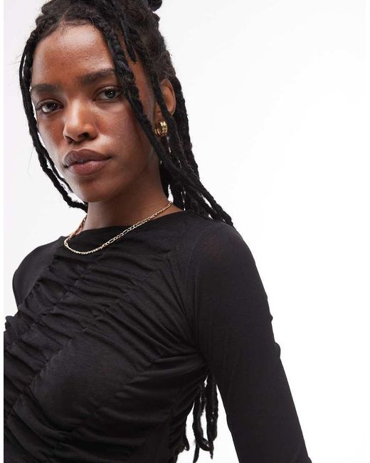 TOPSHOP Black Long Sleeve Shirred Top