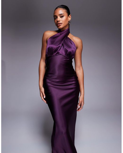 Princess Polly Rosaminta High Shine Satin Cross Front Halterneck Tie Open  Back Maxi Dress in Purple | Lyst