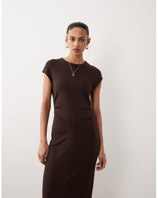 Mango Natural Cap Sleeve Midi Dress With Ruched Waist