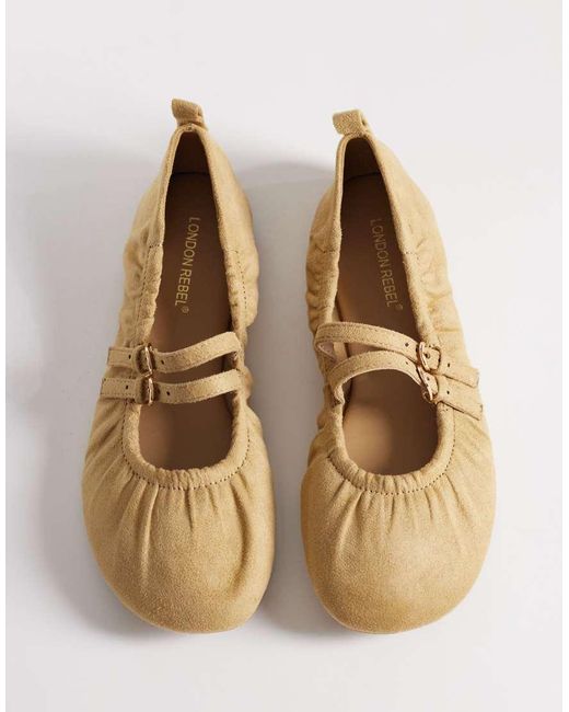 London Rebel Natural Mia Strappy Ruched Ballet Flats