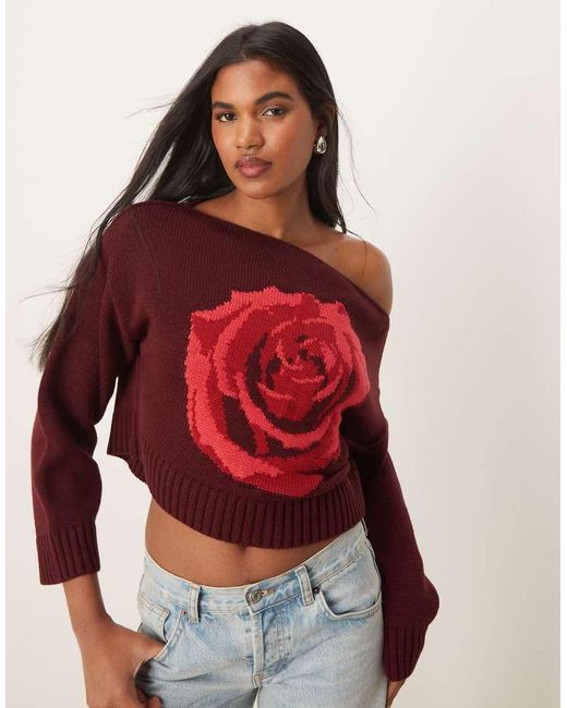 Miss Selfridge Red Off The Shoulder Slouchy Knit Rose Jumper