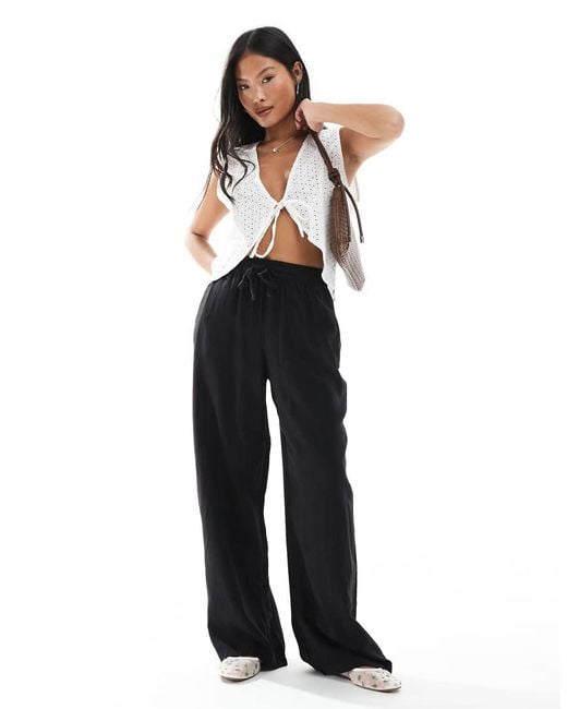 Vero Moda Black Linen Touch Wide Leg Trousers