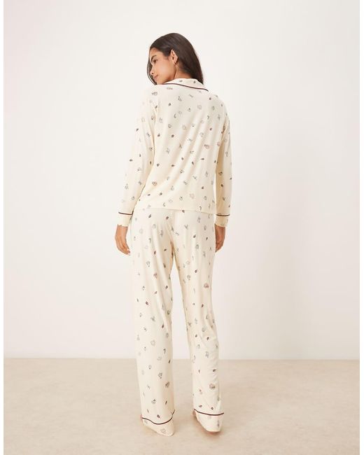 ASOS Natural Super Soft Long Sleeve Shirt & Trouser Pyjama Set With Contrast Piping